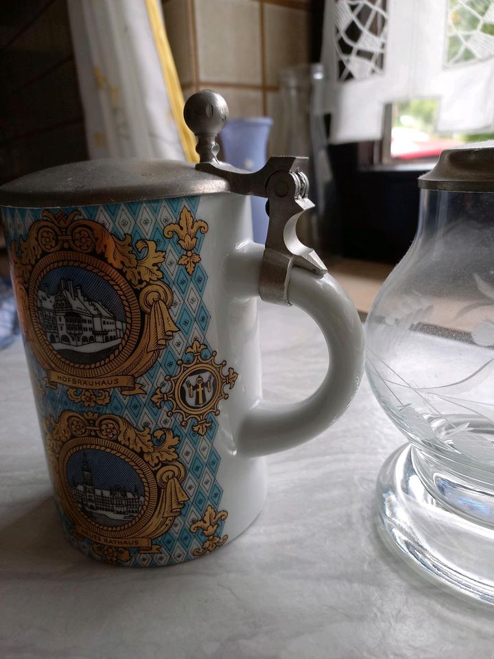 5 schöne Bierkrüge aus Glas und Porzellan mit Zinndeckel in Schwarzenfeld