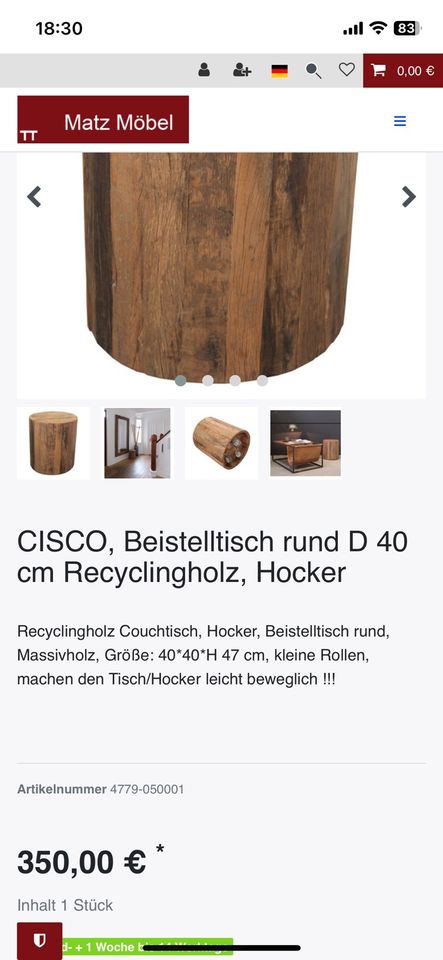 Beistelltisch / Hocker, recyceltes Holz, mit Rollen in Duderstadt