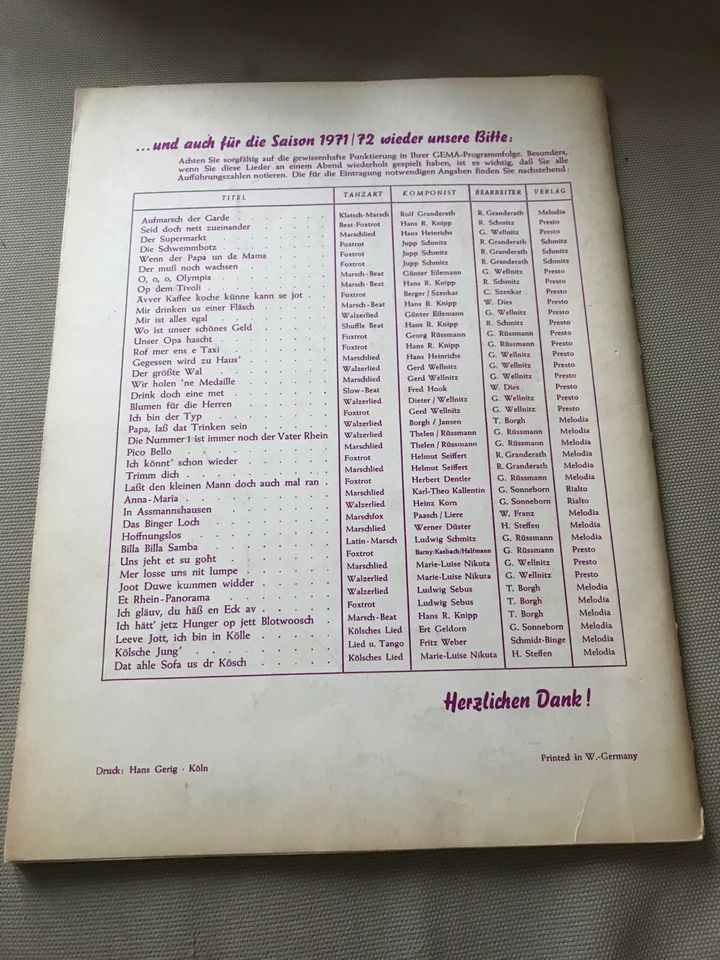 Notenheft, Lieder zur Saison 1971/72, Karnevalslieder, Noten in Köln