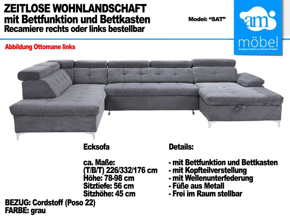 Sofa Couch Wohnlandschaft U Form Bettfunktion-Bettkasten grau in Bremen