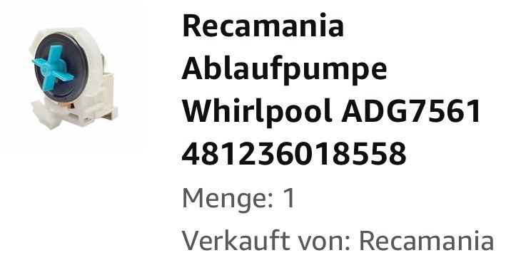 Ablaufpumpe Whirlpool ADG7561 481236018558 in Stollberg