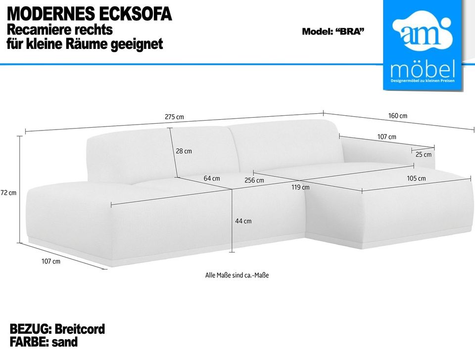 Sofa Couch Wohnlandschaft L Form Modern Breitcord sand in Bremen