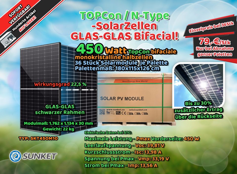 SUNKET 450 Watt TopCon Bifacial GLAS-GLAS N-Typ PV Panel Solarmodul Photovoltaikmodul Full Black schwarzer Rahmen in Seesen