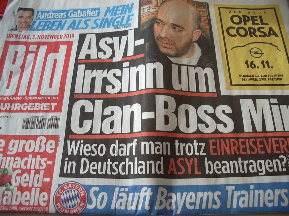 Bild Zeitung ☀️ 5 November 2019 ☀️ ASYL IRRSINN um CLAN-BOSS MIRI in Bottrop