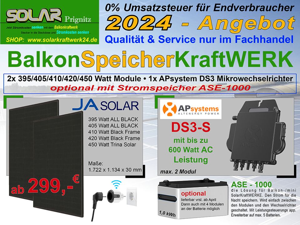 BalkonSpeicherKraftWERK 790/810/820/840/900 Watt mit APsystem DS3 Mikrowechselrichter - ab sofort auf LAGER - optional 1 kWh ASE-1000 Stromspeicher in Dannenwalde (Gumtow)