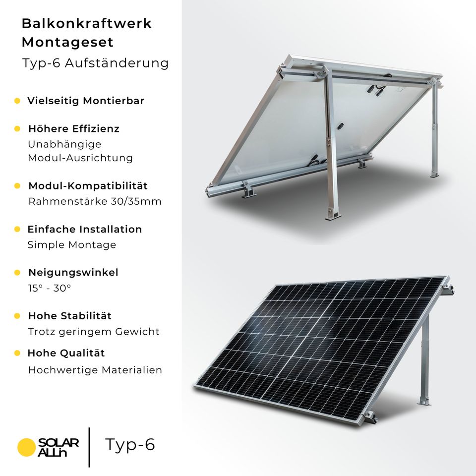 SOLAR ALLin Montageset 2er für 2 Solarmodule Balkonkraftwerk PV-Anlage Typ-6: Aufständerung Quer-Verlegung (15°-30°) in Würselen