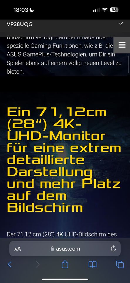 Gaming Monitor 28 Zoll 4K-UHD 1ms (ASUS VP28UQG) in Sinzheim