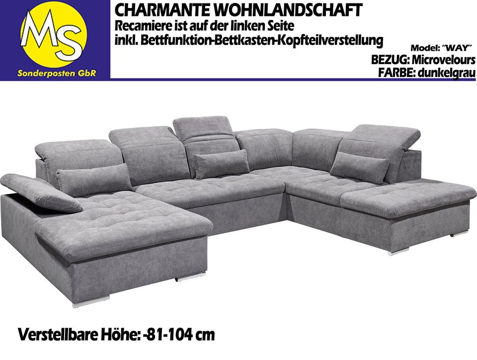 Sofa Couch Wohnlandschaft U Form Bettfunktion-Bettkasten grau in Mettingen