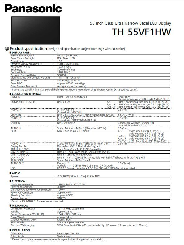 Panasonic 55 Zoll LCD Display - TH-55VF1HW in Berlin