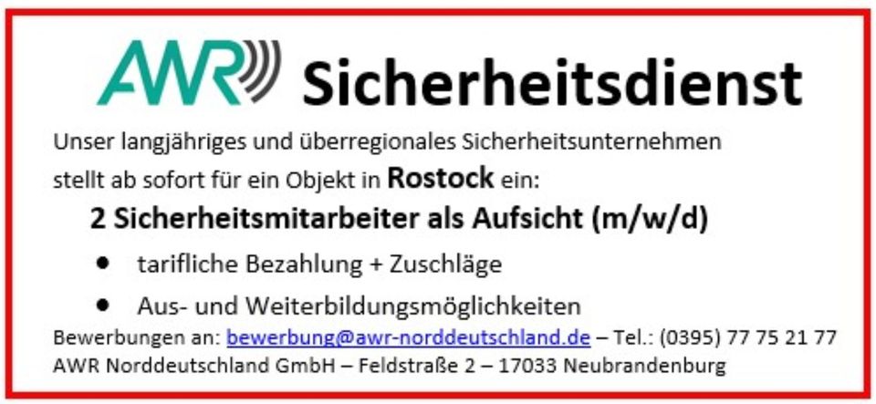 Wachpersonal Werk-u. Objektschutz  ROSTOCK gesucht (AWR-Nord) in Rostock