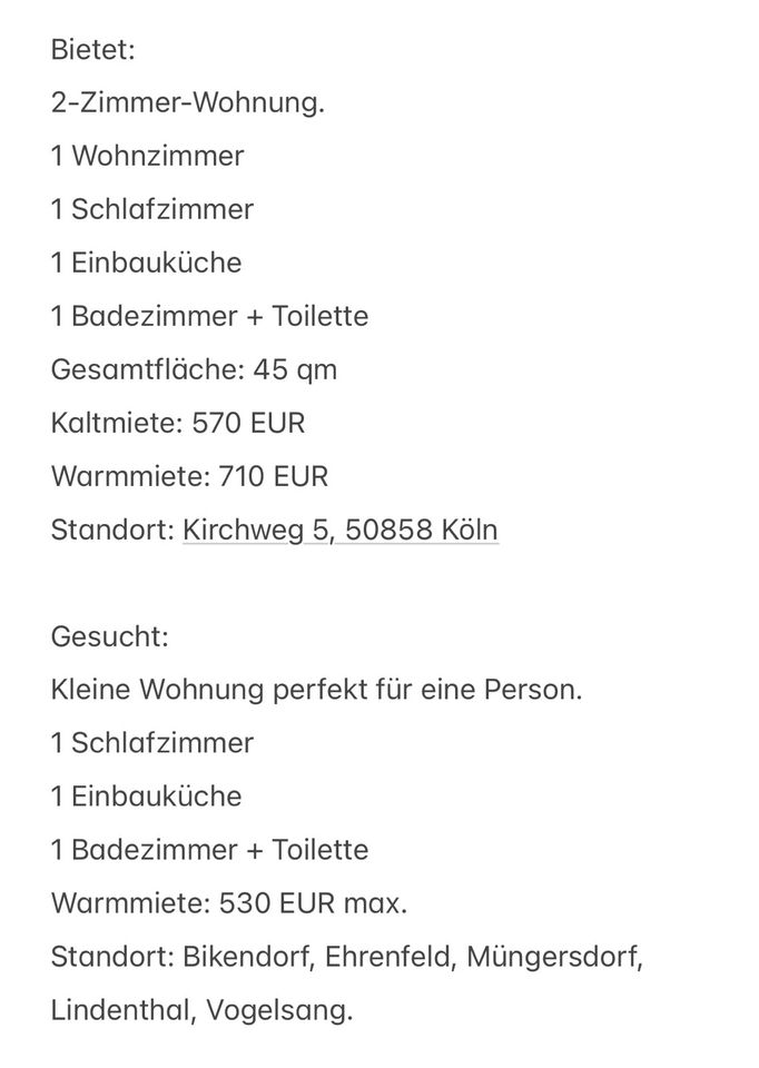 TAUSCHWOHNUNG!!  Bietet: 2.5Zimmer-Wohnung, sucht: Kleine Wohnung in Köln