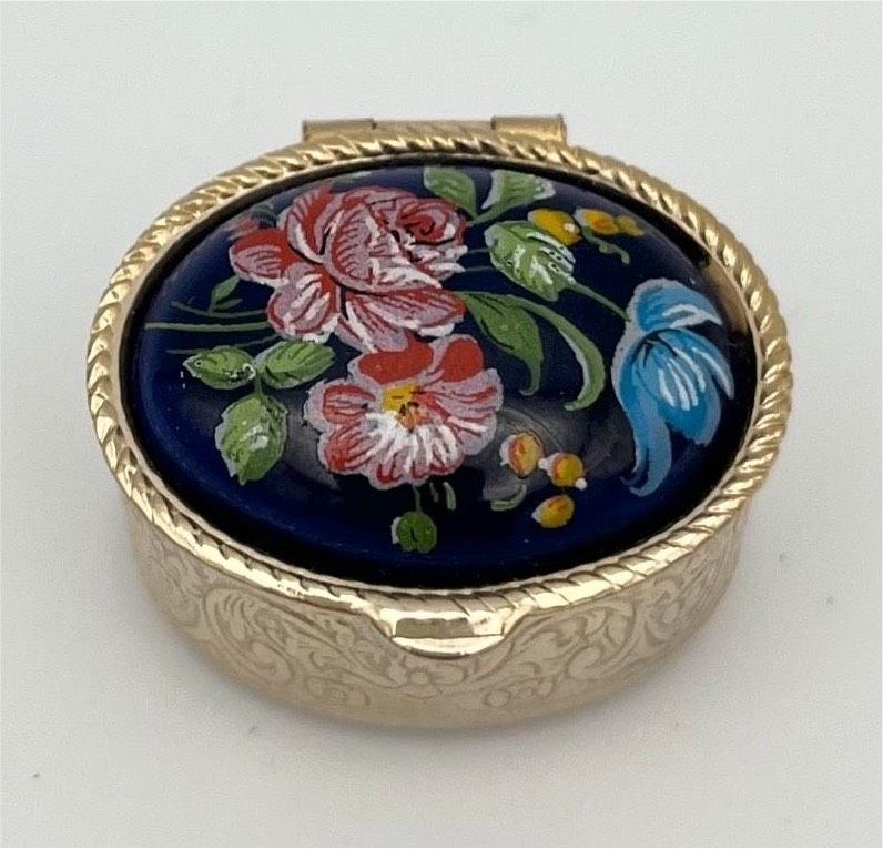 Vintage Pillendose Schmuckbox Blumen Gold Kobalt Schatulle RAR in Schwerin