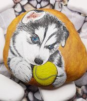 Husky-Welpe mit Tennisball, bemalter grosser Flussstein Baden-Württemberg - Gutach Vorschau