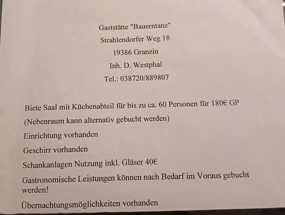 Saal zu vermieten mit Küchenteil in Lübz