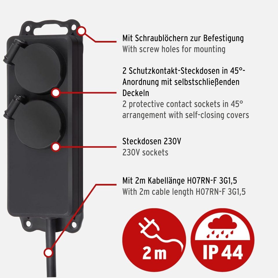 Brennenstuhl Steckdosenleiste-  2 fach - IP 44 - 2m - Kabel - NEU in Düsseldorf