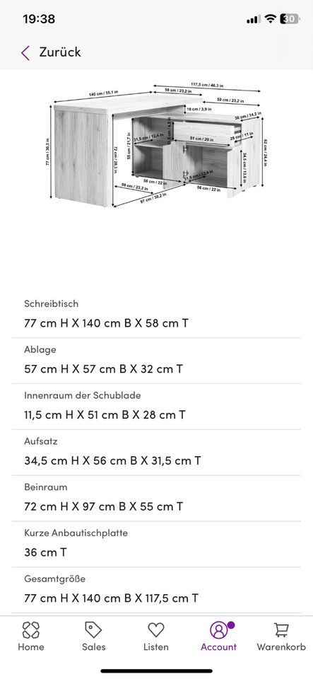 Schreibtisch über Eck von Wayfair in Braunschweig