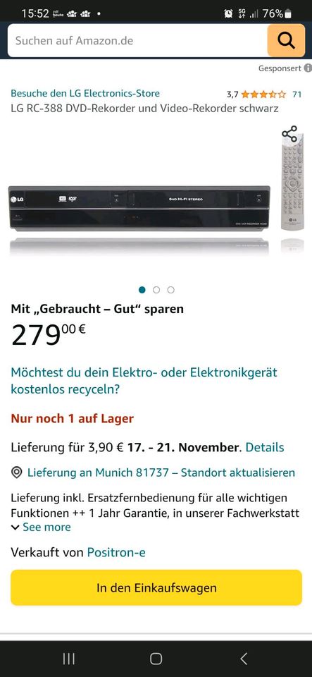 LG RC388 Videorekorder DVD-Recorder Aufnahmefunktion in Memmelsdorf