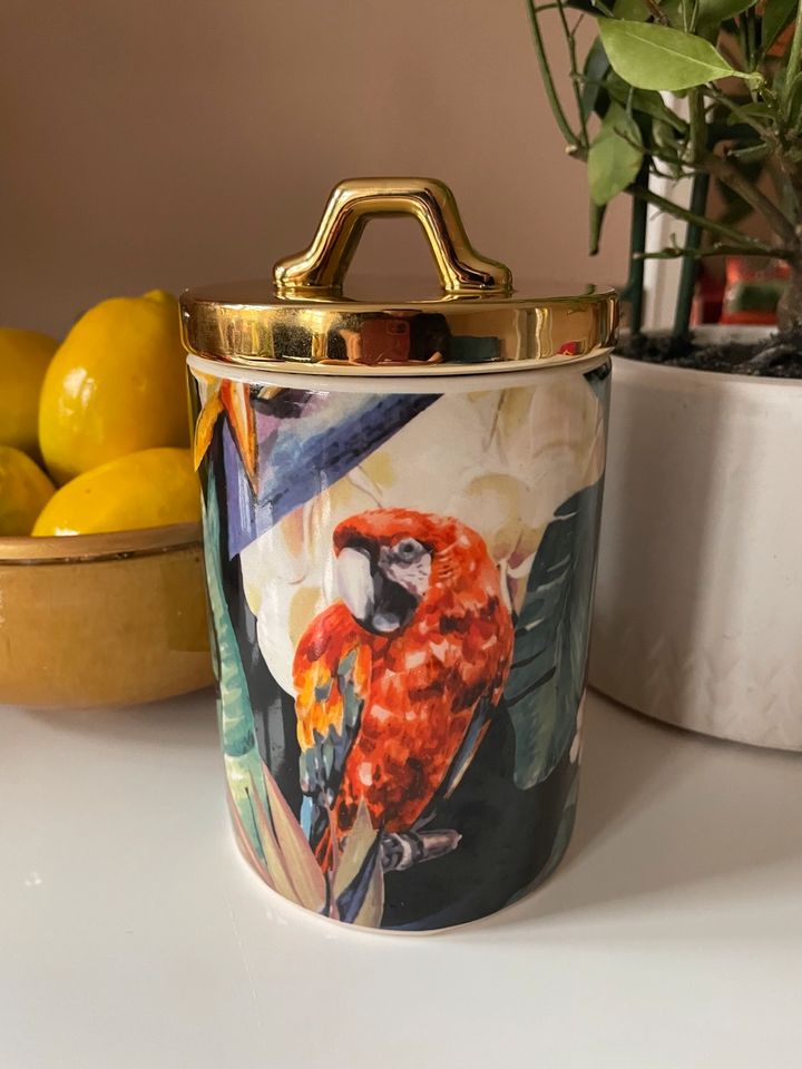 Keramik Dose Gold Papagei Dschungel Aufbewahrung Pflanze in Düsseldorf