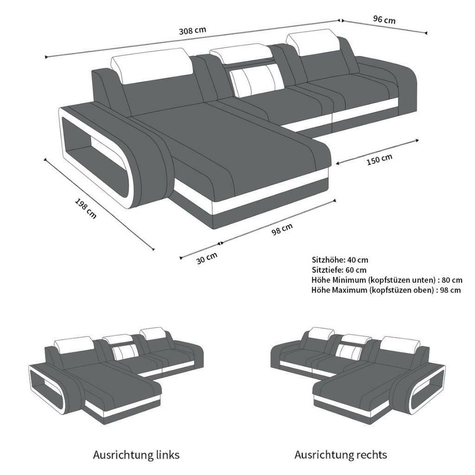 Stoff Sofa Eckcouch Berlin L Form Ottomane Beleuchtung USB in Berlin