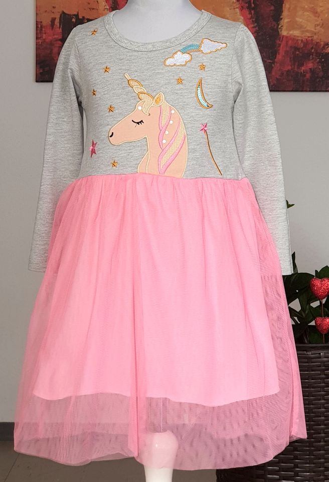 Kinder Mädchen Langarm Einhorn Kleid mit Tüll Rock Gr. 122 in Wolbeck