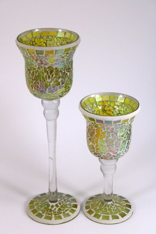 2 große Stielglas Mosaikglas Teelichtglas Dekoglas Mosaik grün in Kammerforst