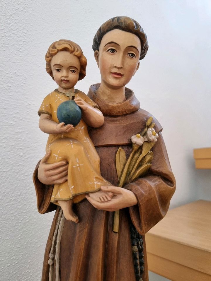 HEILIGER ANTONIUS ENGEL AUF SICHELMOND HEILIGENFIGUR HOLZ ALT RAR in Kumhausen