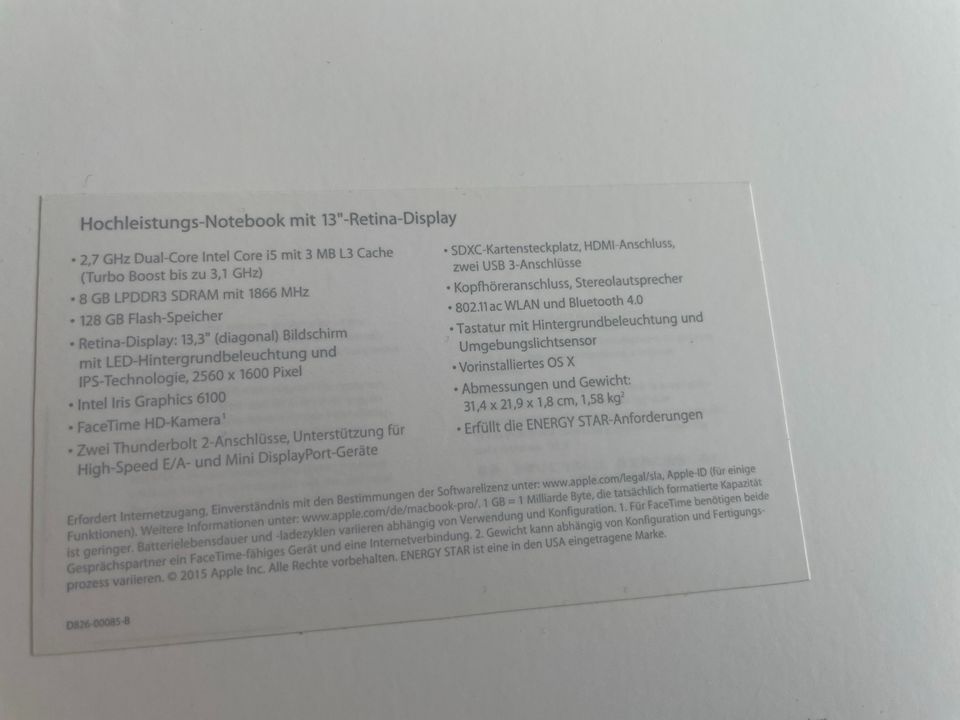 Apple MacBook Pro 13 Zoll - A1502 - 2015 - i5 - 8GB RAM - 128GB in Satteldorf