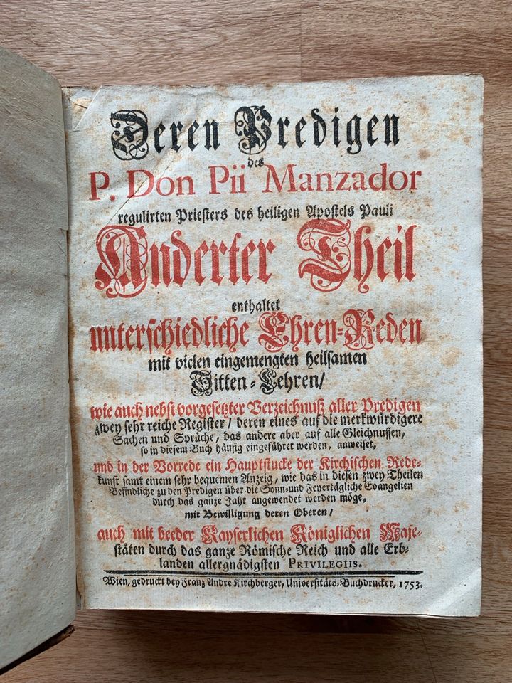 Historisches Buch 1758 P. Mazador Ehren Reden Theil l l in Fußgönheim