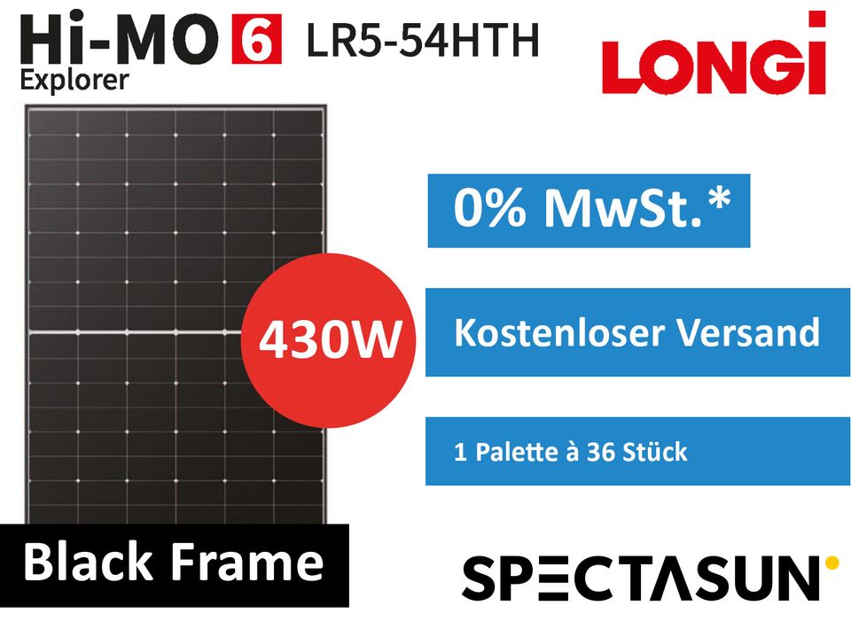 ☀️1 Palette 430W LONGI HI-MO6 LR5-54HTH-430M✅Black Frame Solarmodul Solarpanel. ✅Kostenloser Versand☀️Peine in Peine