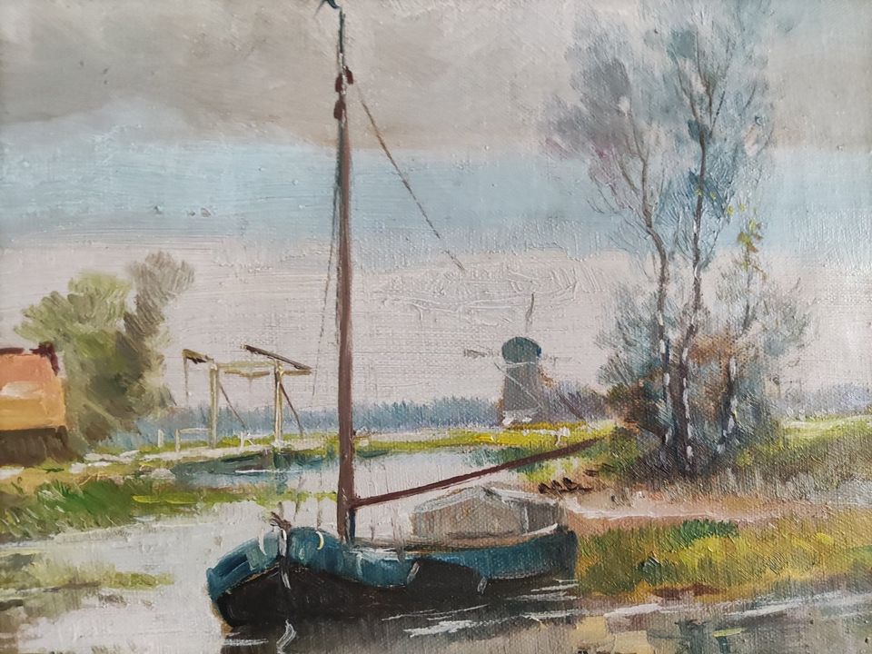 Gemälde Öl Landschaft Holland Fluß Kahn signiert in Büttelborn