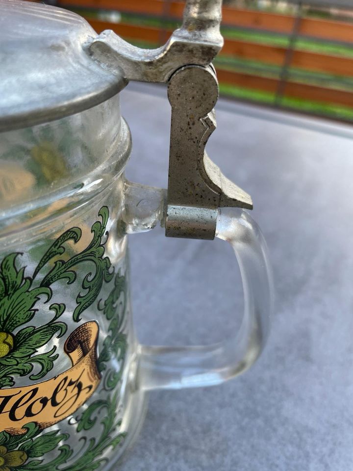 Alter Bierkrug "Alle Neune - gut Holz" aus Glas mit Zinndeckel in Edingen-Neckarhausen