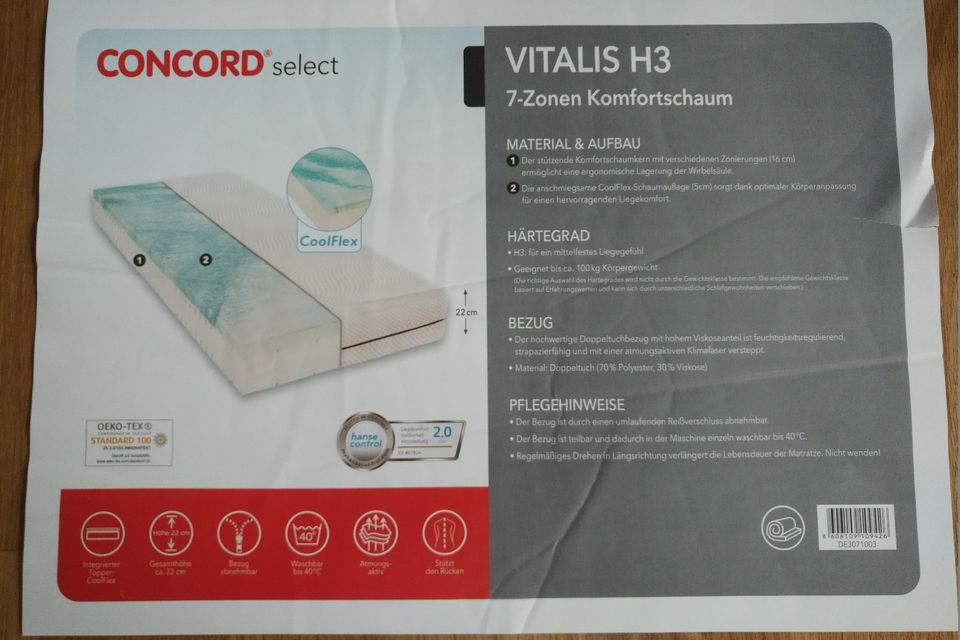 Matratze Vitalis H3 100x200 ganz neu, keine 10x drauf gelegen. in Bischoffen