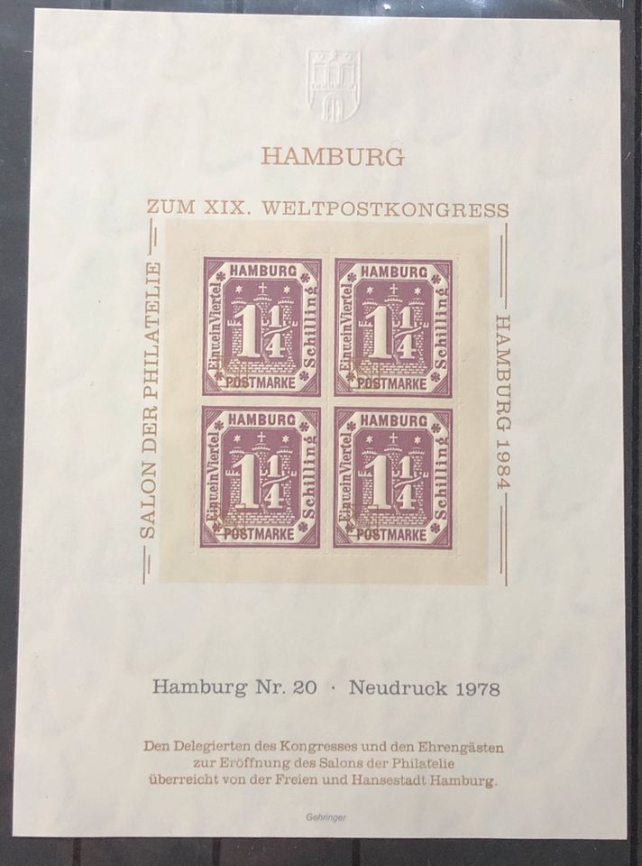 Hamburg Nr. 20, Neudruck 1978, XIX. Weltpostkonferenz 1984 in Kolbermoor