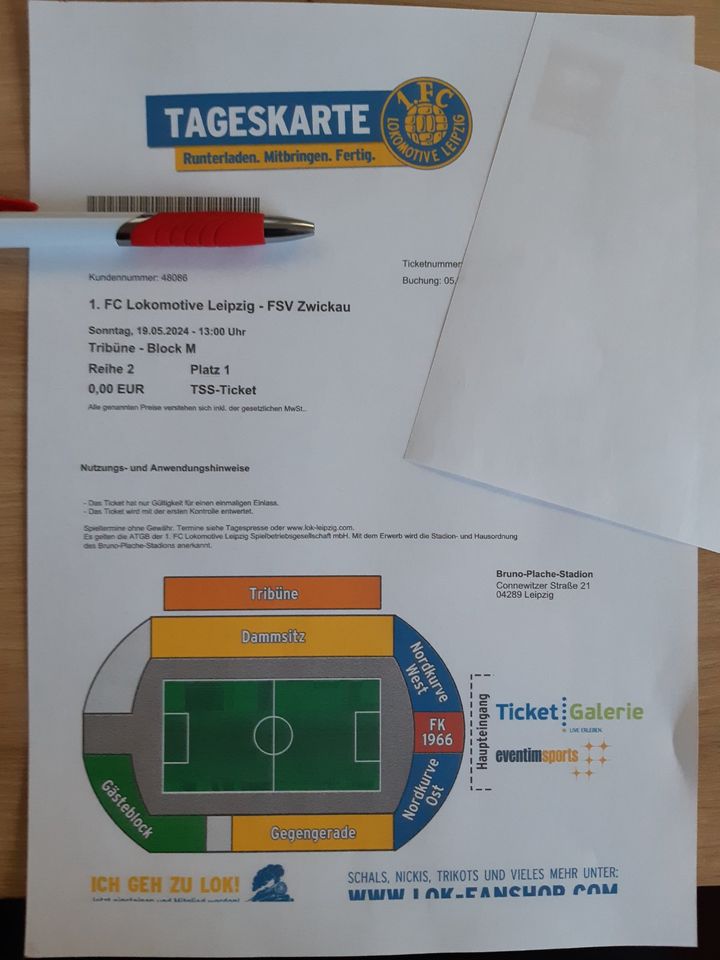 Ticket Vollzahler Haupttribüne Lok Leipzig - FSV Zwickau 19.05.24 in Leipzig