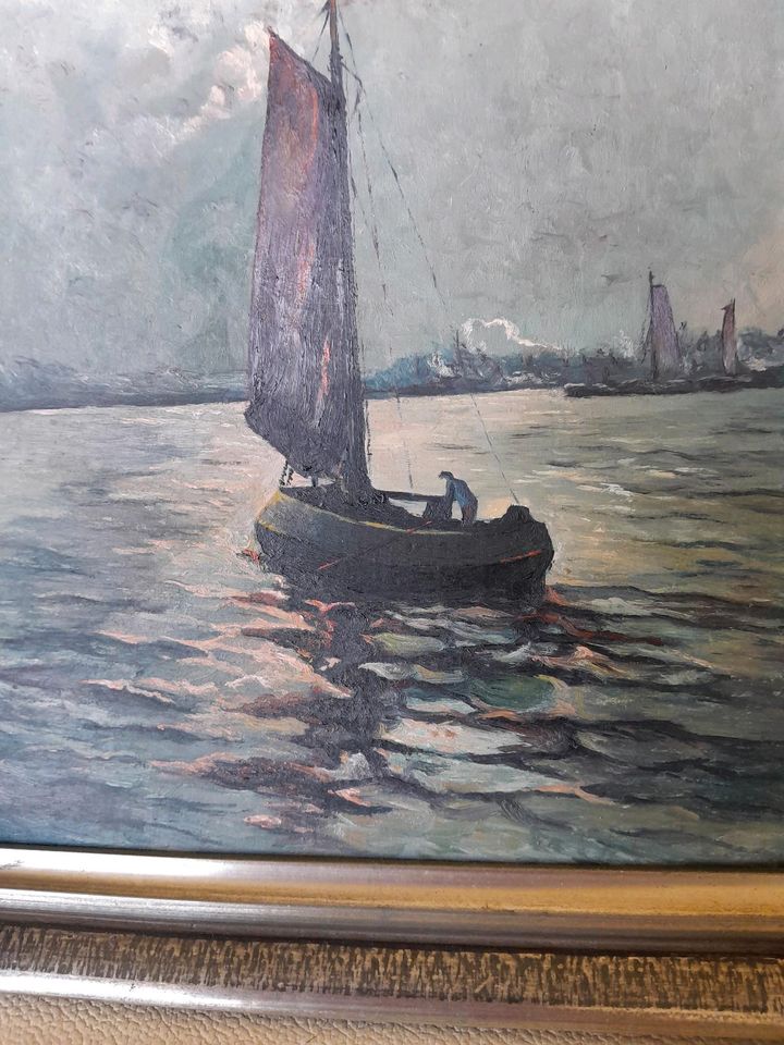 Altes kleines Ölbild altes Fischerboot 27x34 cm gerahmt in Müschenbach