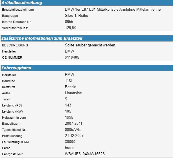 BMW 1er E87 E81 Mittelkonsole Armlehne Mittelarmlehne 9110405 in Bottrop