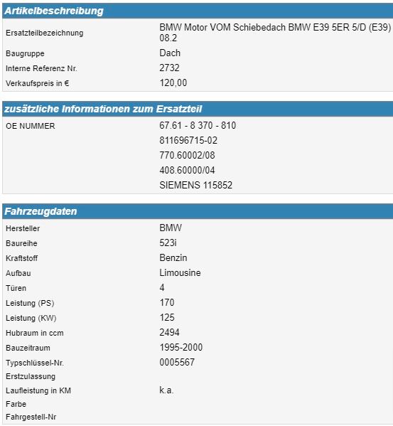 BMW Motor vom Schiebedach BMW E39 5ER 5/D (E39) 67.61-8370-810 in Bottrop