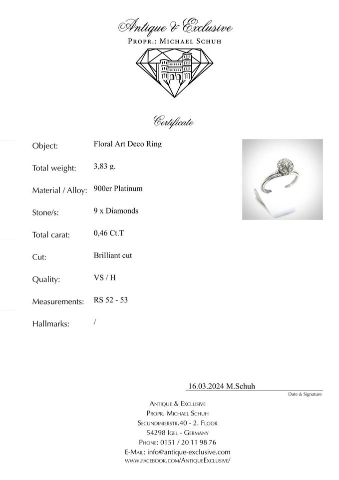 900 Platin Art Deco Jugenstil floral Ring 0,46 Diamant RG 52 53 in Igel