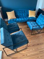 Sofa & 3 Sessel Samt blau mit Metall Lehnen Büromöbel Couch Loung Hamburg-Nord - Hamburg Winterhude Vorschau