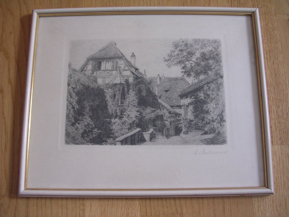 Innenhof der Wartburg b. Eisenach Fachwerkhaus Bild Stich gerahmt in Marburg