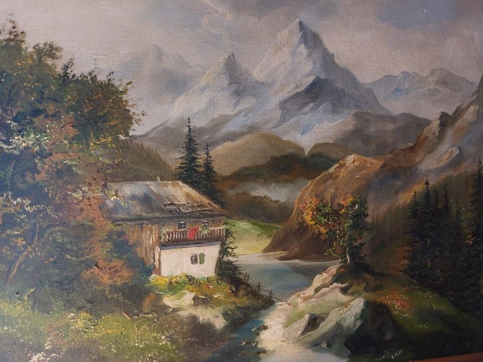 Ölgemälde auf Leinwand Alpen Landschaftsmalerei gerahmt Antik in Jübar