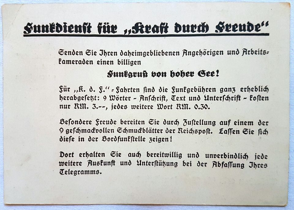 Antike KdF-Postkarte 1930er Jahre Motorschiff Monte Sarmiento in Lehre