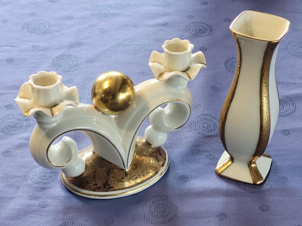 Al-Ka Kunst Porzellan Kerzenleuchter + kleine Vase Goldauflage in Holzdorf
