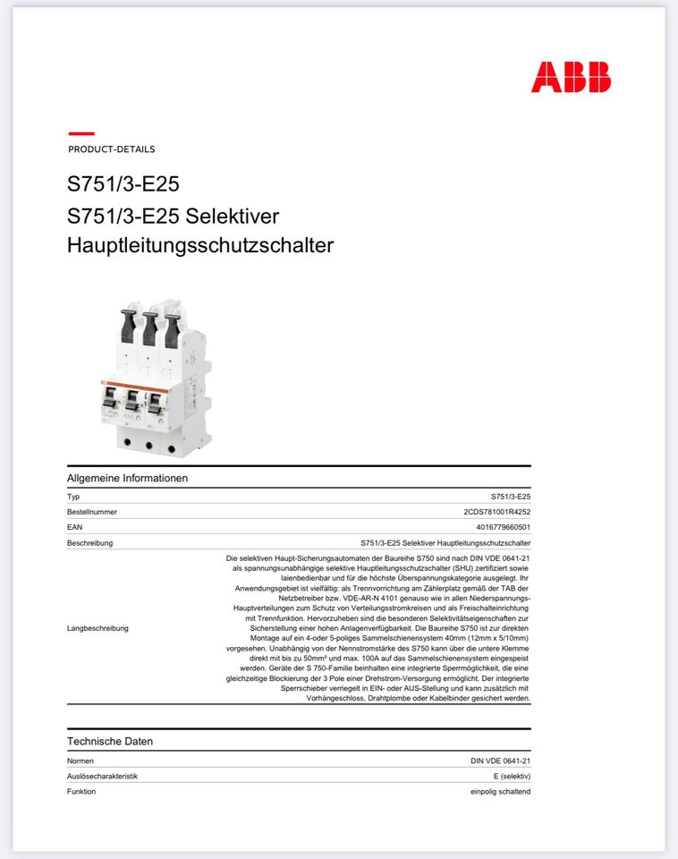 Selektiver Hauptleitungsschutzschalter ABB SHU S751/3 E25 in Aldersbach