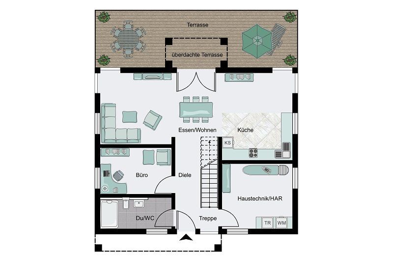 Stadtvilla mit überdachter Terrasse und Balkon in Rödelsee