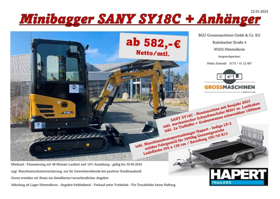 SANY Bagger + Anhänger mit Mietkauf zum Eigentum für monatlich ab in Himmelkron