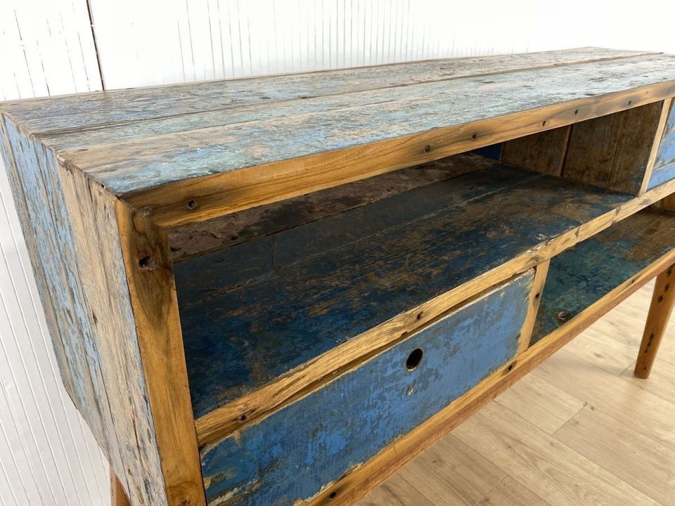 Boatwood by WMK # Besondere Konsole aus altem Bootsholz mit Schubladen, ein handgefertigtes Unikat aus massivem Teakholz # Kommode Sideboard Schrank Garderobe Ablage Flurkommode Industrial Upcycling in Berlin