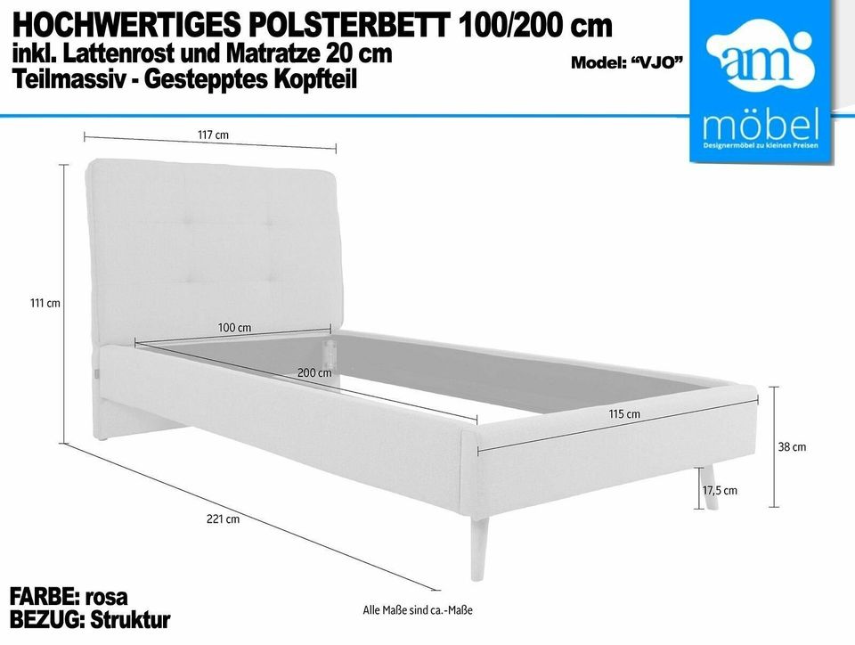 Bett Polsterbett 100/200 cm mit Lattenrost und Matratze rosa in Bremen