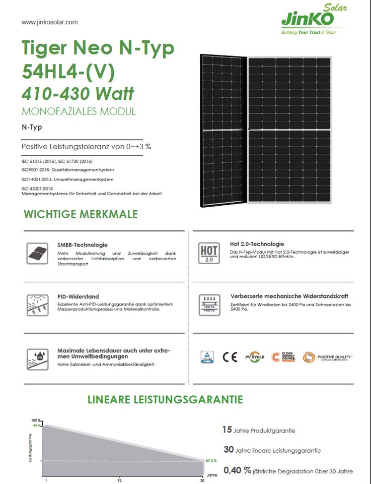 Solarmodul Jinko 430W JKM430N-54HL4-V in Oberhausen