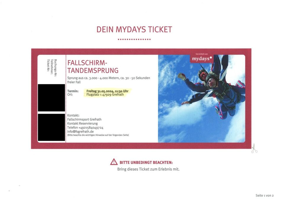 Fallschirmsprung (Ticket per Email), Grefrath 31.05.24, 11:30 Uhr in Wuppertal